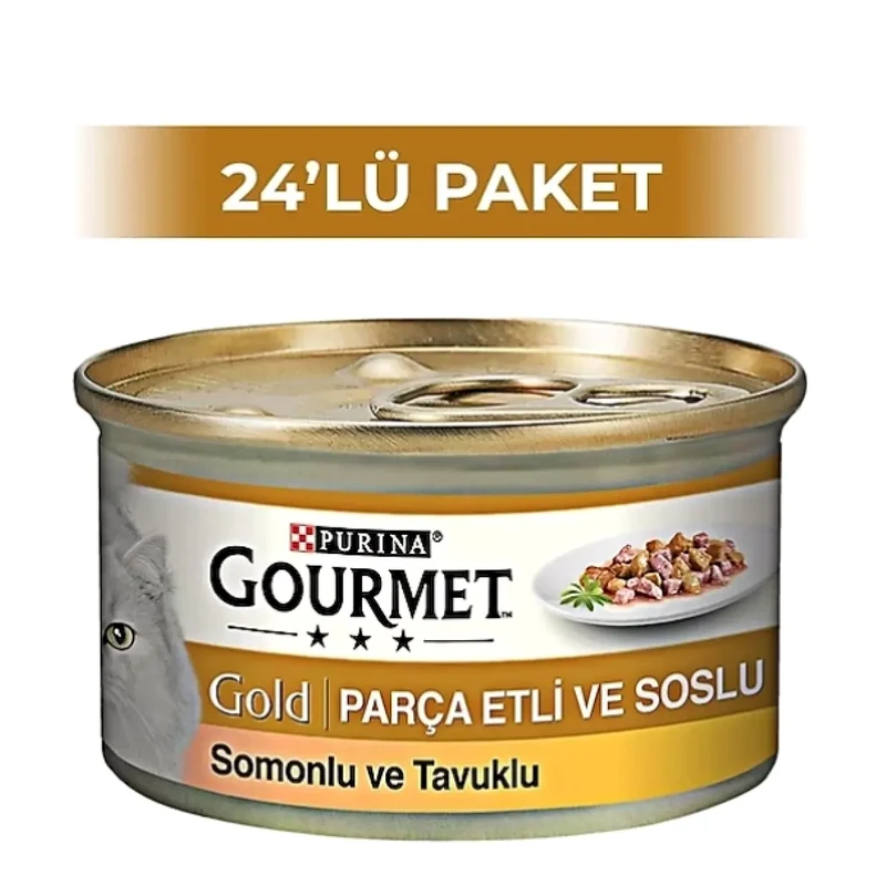 Gourmet Parça Etli Soslu Somonlu ve Tavuklu 85 gr 24'lü Yetişkin Konserve Kedi Maması